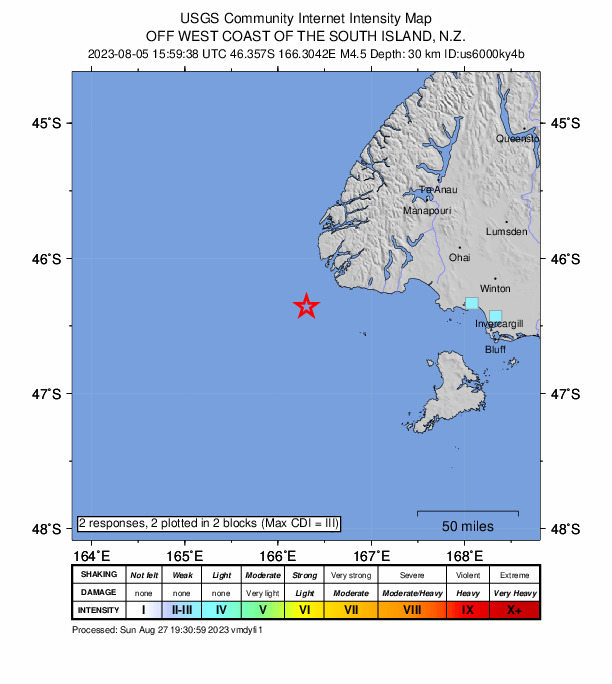 USGS DYFI community-reported intensity map for the M4.5 earthquake near off the west coast of the South Island of New Zealand