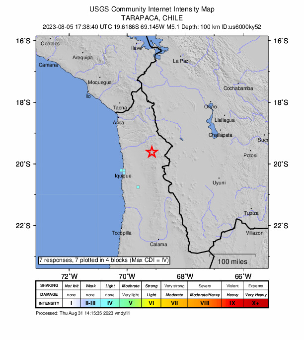 USGS DYFI community-reported intensity map for the M5.1 earthquake near Tarapaca, Chile