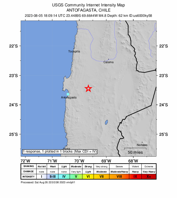 USGS DYFI community-reported intensity map for the M4.7 earthquake near 76 km ENE of Antofagasta, Chile