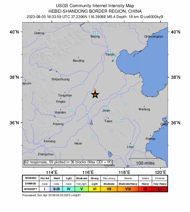 USGS DYFI community-reported intensity map for the M5.4 earthquake near 24 km S of Dezhou, China
