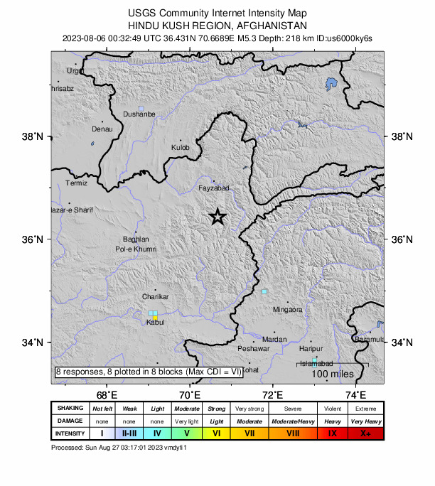 USGS DYFI community-reported intensity map for the M5.3 earthquake near Badakhshan, Afghanistan