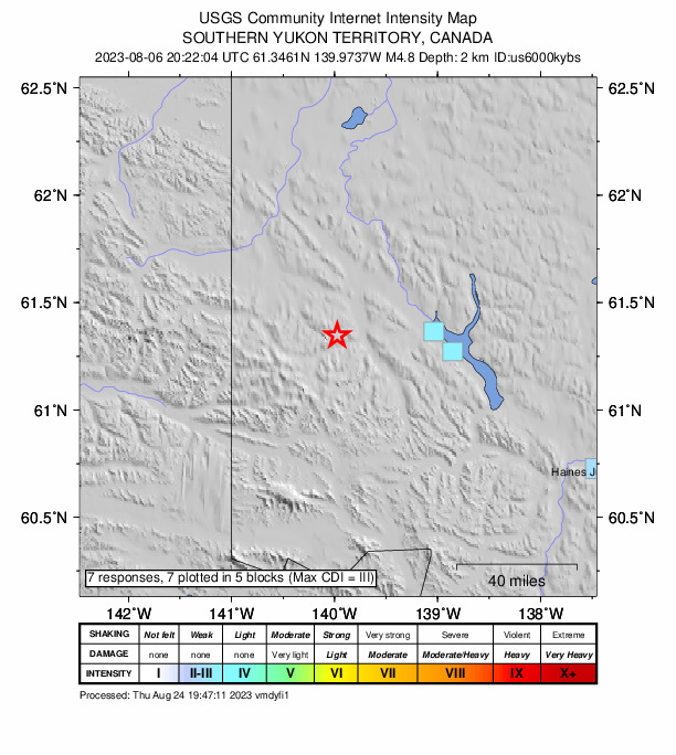 USGS DYFI community-reported intensity map for the M4.8 earthquake near 157 km E of McCarthy, Alaska