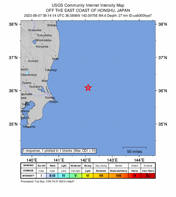 USGS DYFI community-reported intensity map for the M4.6 earthquake near 120 km ENE of Hasaki, Japan