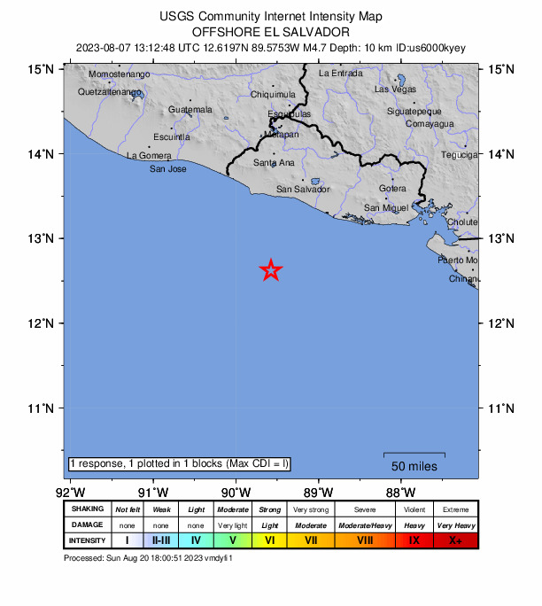 USGS DYFI community-reported intensity map for the M4.7 earthquake near 99 km SSW of La Libertad, El Salvador