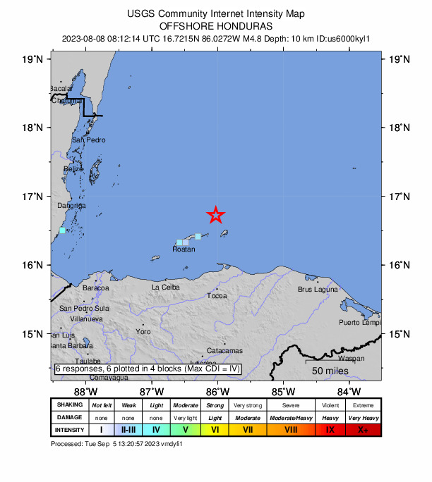 USGS DYFI community-reported intensity map for the M4.8 earthquake near 33 km NNW of Guanaja, Honduras