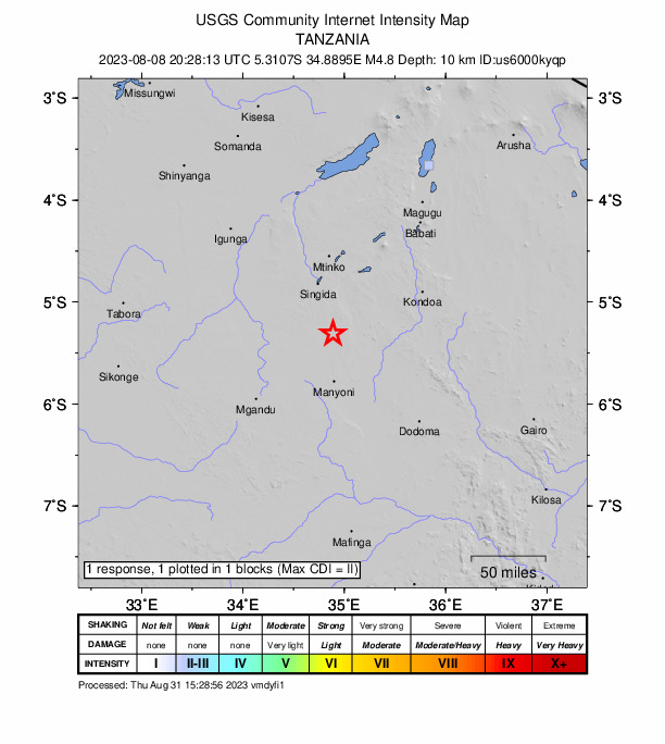 USGS DYFI community-reported intensity map for the M4.8 earthquake near 23 km SE of Ikungi, Tanzania