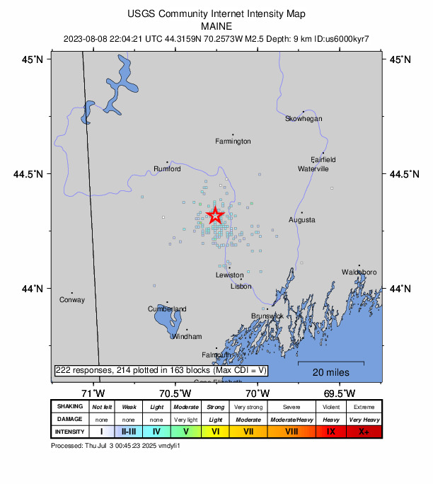 USGS DYFI community-reported intensity map for the M2.5 earthquake near 6 km N of Turner, Maine