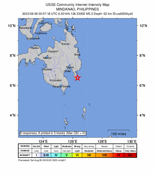 USGS DYFI community-reported intensity map for the M5.3 earthquake near 22 km NE of Pondaguitan, Philippines
