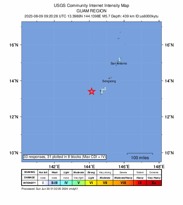 USGS DYFI community-reported intensity map for the M5.7 earthquake near Guam region