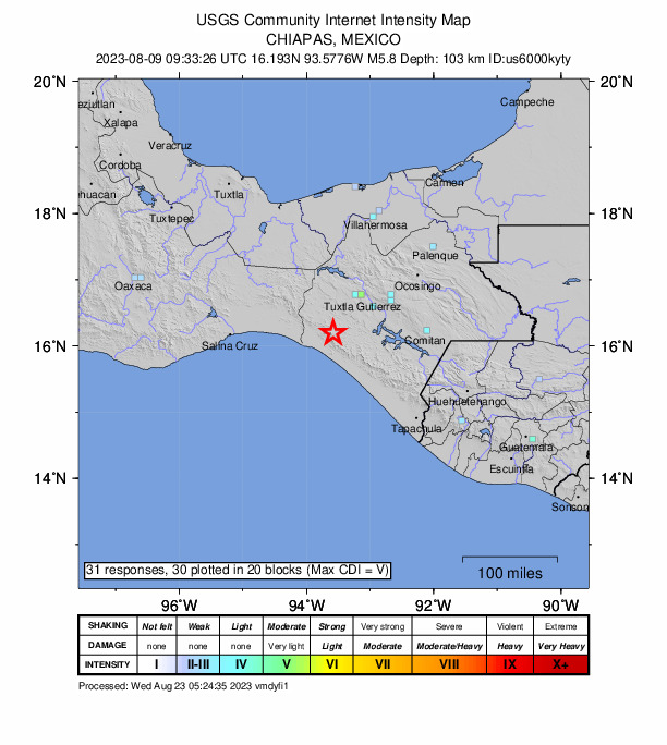 USGS DYFI community-reported intensity map for the M5.8 earthquake near 7 km NNE of Tonalá, Mexico