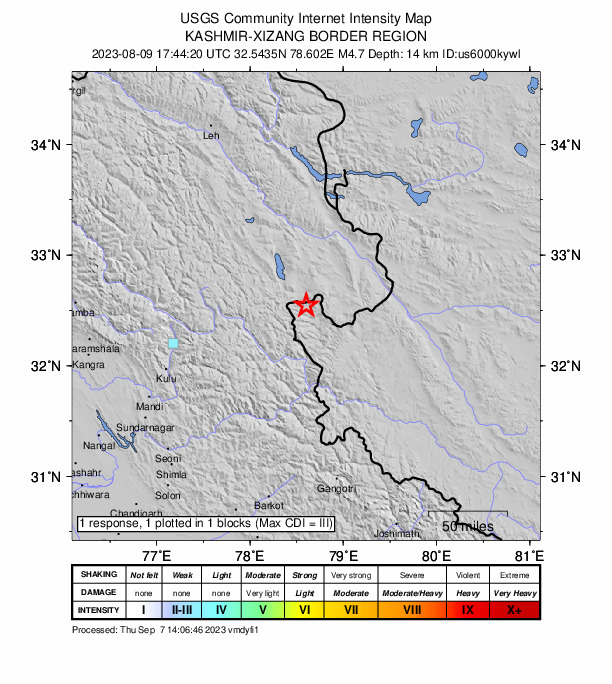 USGS DYFI community-reported intensity map for the M4.7 earthquake near 137 km NE of Sarāhan, India
