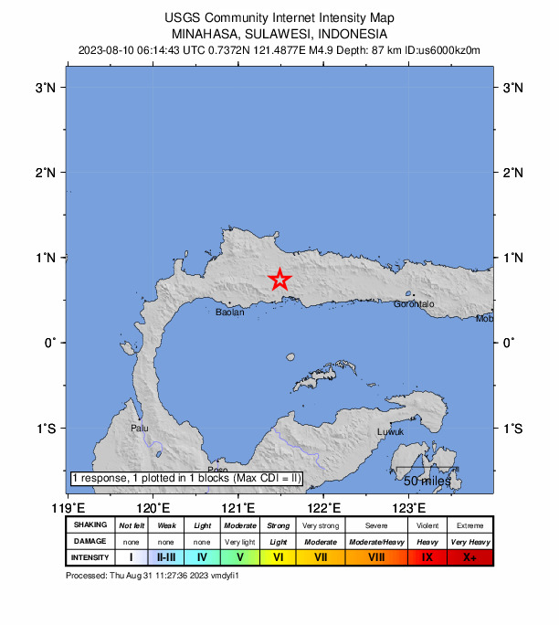 USGS DYFI community-reported intensity map for the M4.9 earthquake near 176 km W of Gorontalo, Indonesia