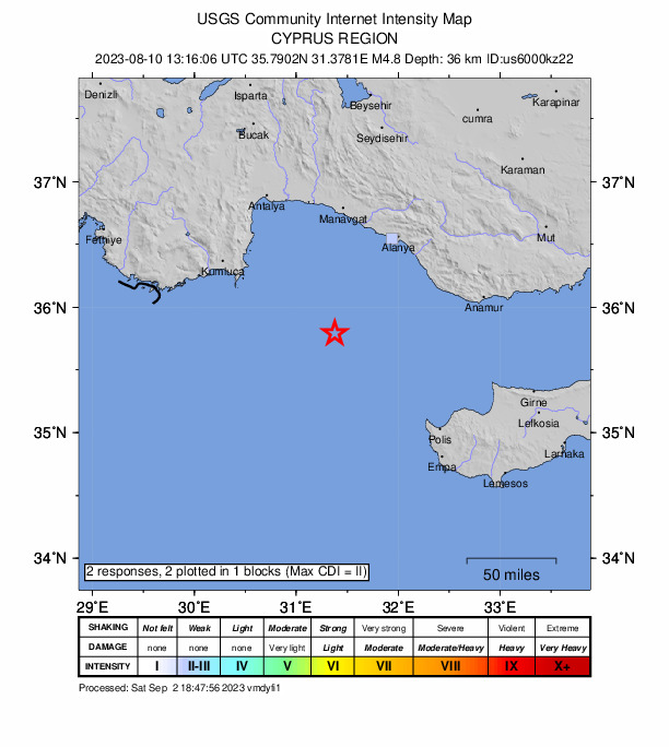 USGS DYFI community-reported intensity map for the M4.8 earthquake near Cyprus region