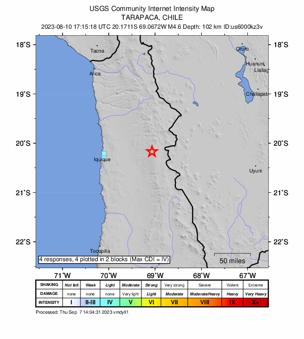 USGS DYFI community-reported intensity map for the M4.5 earthquake near 63 km ENE of La Tirana, Chile