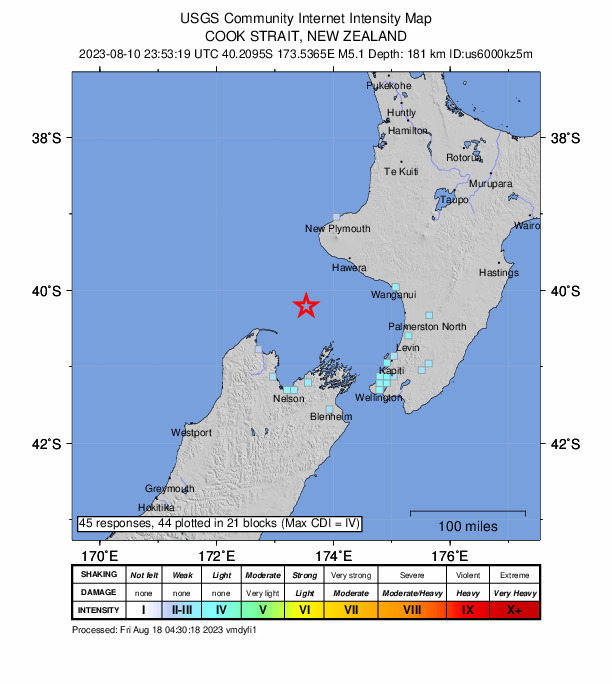 USGS DYFI community-reported intensity map for the M5.1 earthquake near 88 km SSW of Opunake, New Zealand