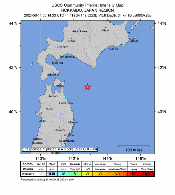 USGS DYFI community-reported intensity map for the M5.9 earthquake near Hokkaido, Japan region