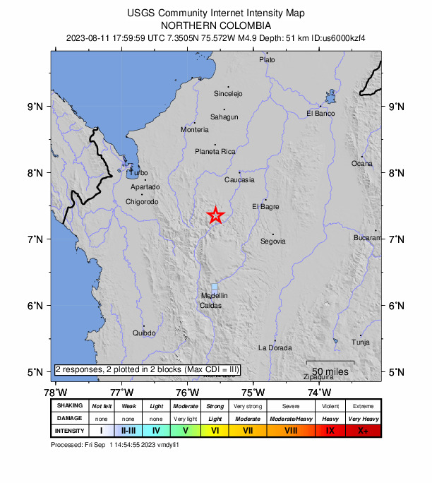 USGS DYFI community-reported intensity map for the M4.9 earthquake near 21 km WNW of Valdivia, Colombia