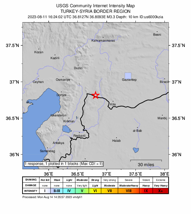 USGS DYFI community-reported intensity map for the M3.3 earthquake near Turkey-Syria border region