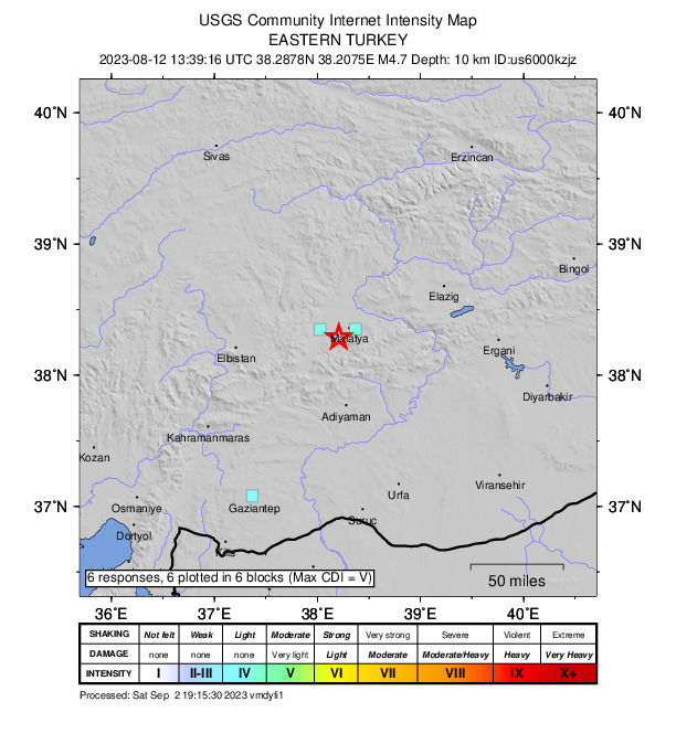 USGS DYFI community-reported intensity map for the M4.7 earthquake near 3 km WSW of Yeşilyurt, Turkey