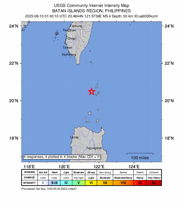 USGS DYFI community-reported intensity map for the M5.4 earthquake near 41 km W of Basco, Philippines