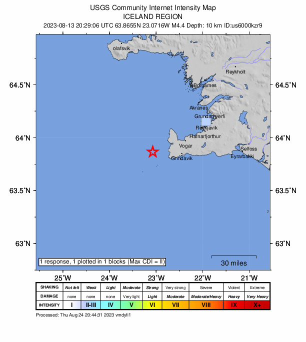 USGS DYFI community-reported intensity map for the M4.4 earthquake near 26 km SW of Sandgerði, Iceland
