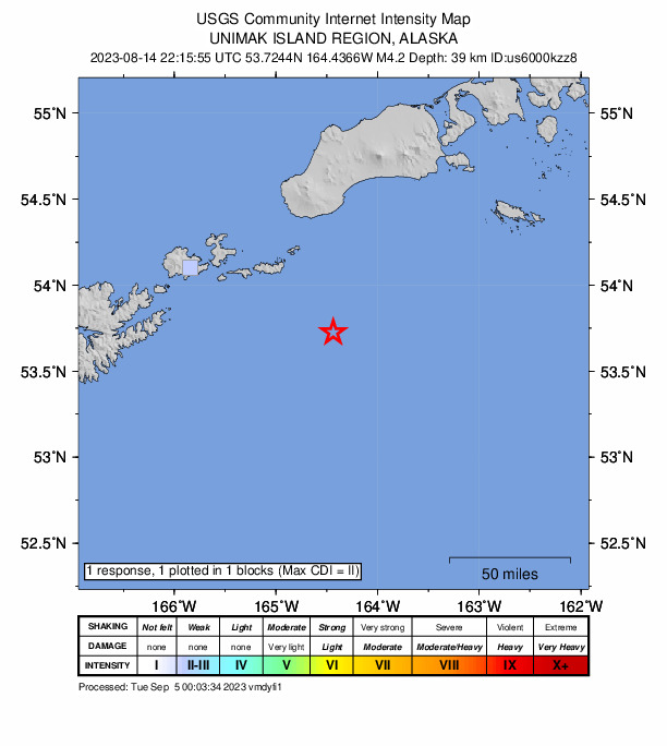 USGS DYFI community-reported intensity map for the M4.2 earthquake near 100 km ESE of Akutan, Alaska
