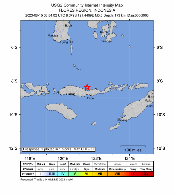 USGS DYFI community-reported intensity map for the M5.5 earthquake near Flores region, Indonesia