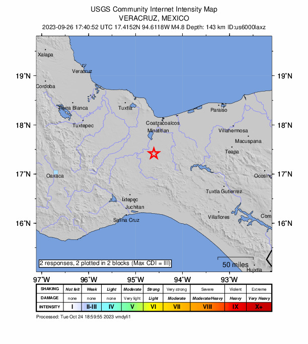 USGS DYFI community-reported intensity map for the M4.8 earthquake near 10 km W of Niños Héroes, Mexico