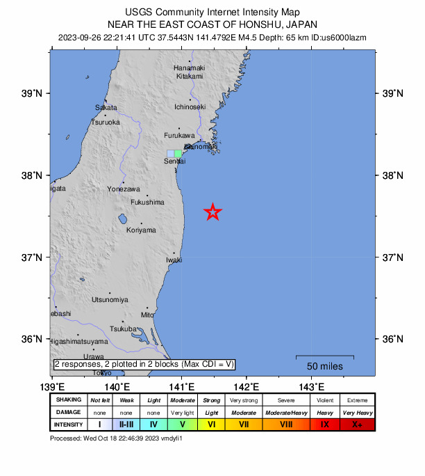 USGS DYFI community-reported intensity map for the M4.5 earthquake near 42 km E of Namie, Japan