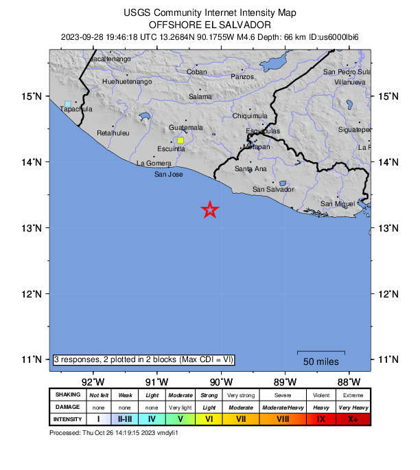 USGS DYFI community-reported intensity map for the M4.6 earthquake near 52 km SW of Acajutla, El Salvador