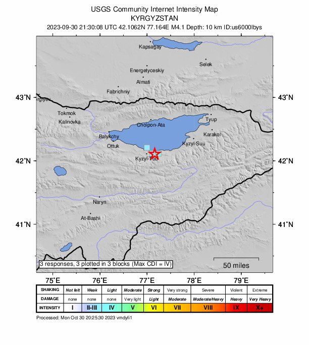 USGS DYFI community-reported intensity map for the M4.1 earthquake near 4 km SSW of Kadzhi-Say, Kyrgyzstan