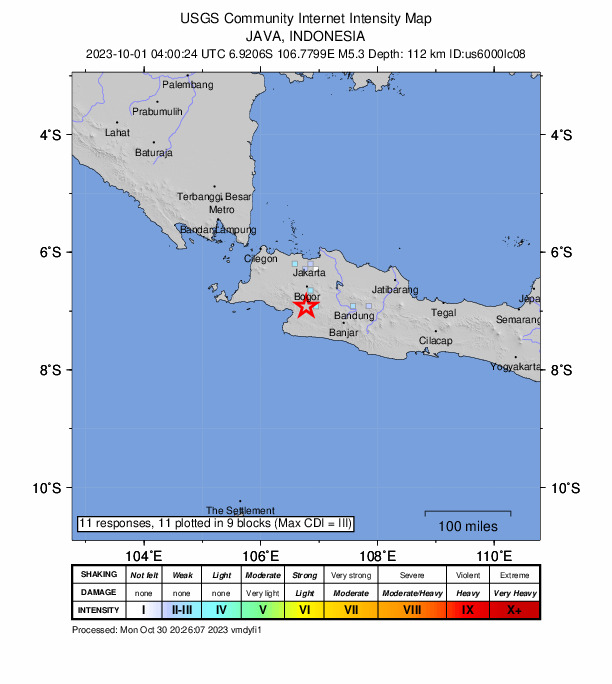 USGS DYFI community-reported intensity map for the M5.3 earthquake near 16 km W of Sukabumi, Indonesia