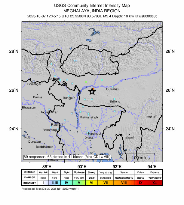 USGS DYFI community-reported intensity map for the M4.9 earthquake near 28 km S of Goālpāra, India
