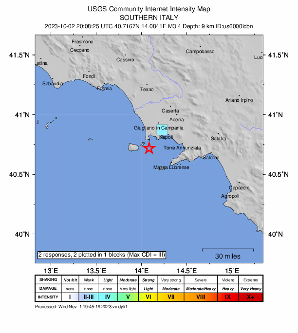USGS DYFI community-reported intensity map for the M3.4 earthquake near 7 km SE of Procida, Italy