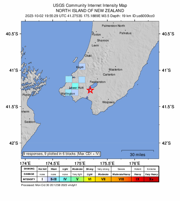 USGS DYFI community-reported intensity map for the M3.5 earthquake near 19 km SE of Heretaunga, New Zealand