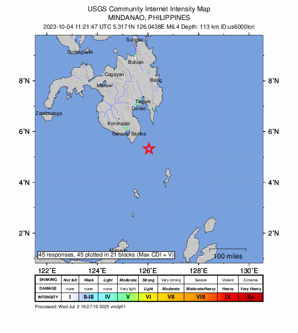 USGS DYFI community-reported intensity map for the M6.4 earthquake near 65 km E of Sarangani, Philippines