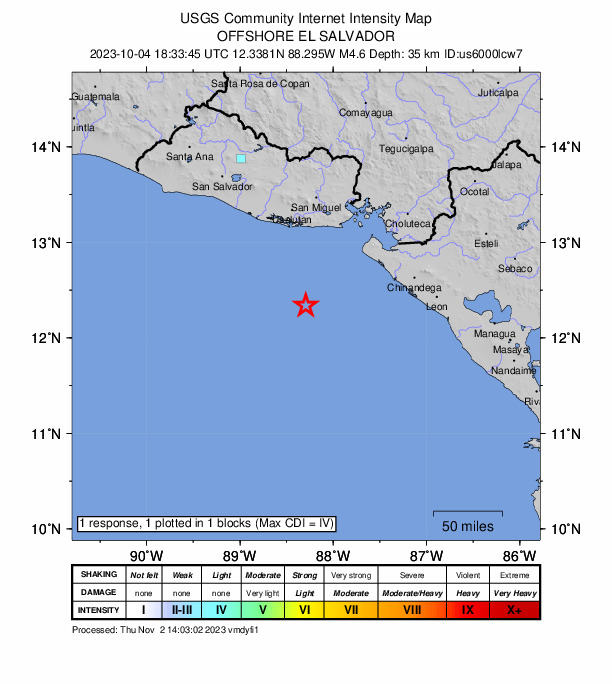 USGS DYFI community-reported intensity map for the M4.6 earthquake near 98 km SSW of Intipucá, El Salvador