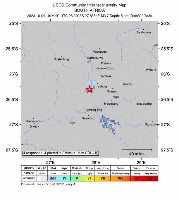 USGS DYFI community-reported intensity map for the M3.7 earthquake near 4 km S of Soweto, South Africa