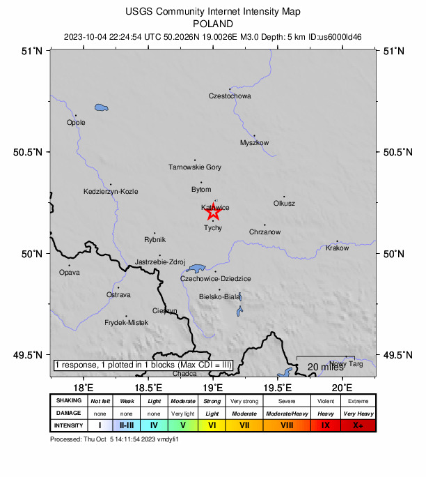 USGS DYFI community-reported intensity map for the M3.0 earthquake near 2 km W of Murcki, Poland