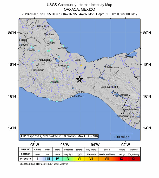 USGS DYFI community-reported intensity map for the M5.9 earthquake near 2 km S of Paso Real de Sarabia, Mexico