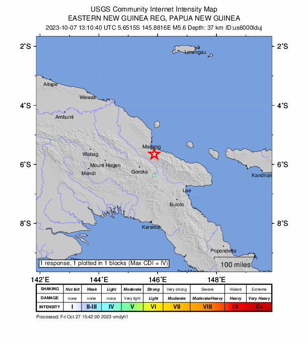 USGS DYFI community-reported intensity map for the M5.6 earthquake near 43 km SE of Madang, Papua New Guinea