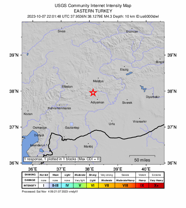 USGS DYFI community-reported intensity map for the M4.3 earthquake near 12 km SW of Çelikhan, Turkey