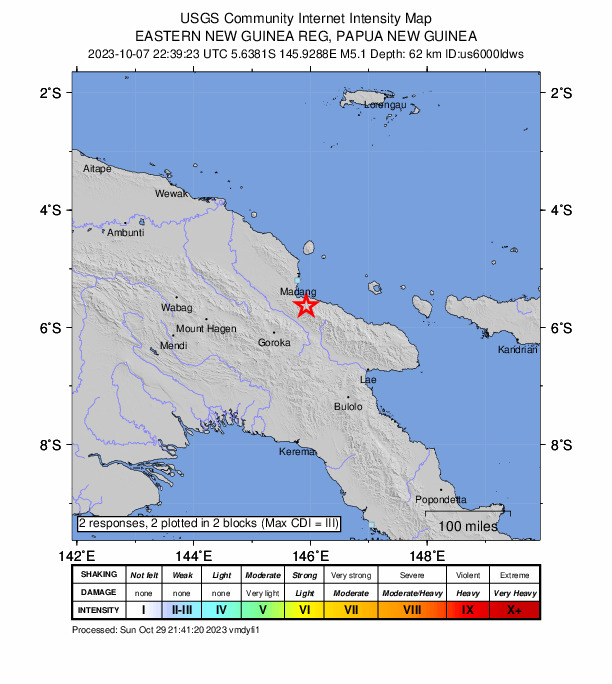 USGS DYFI community-reported intensity map for the M5.1 earthquake near 48 km SSE of Madang, Papua New Guinea