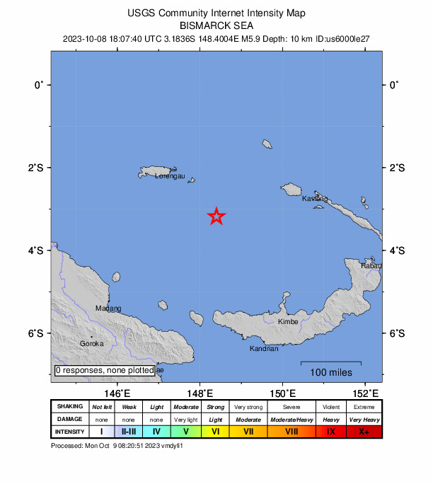 USGS DYFI community-reported intensity map for the M5.9 earthquake near Bismarck Sea