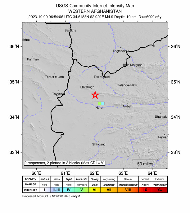 USGS DYFI community-reported intensity map for the M4.9 earthquake near 29 km NNW of Herāt, Afghanistan