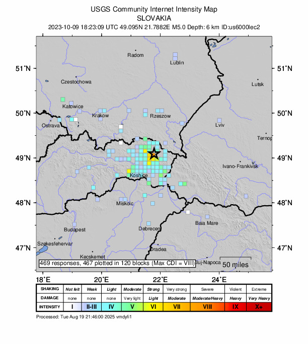 USGS DYFI community-reported intensity map for the M5.0 earthquake near 15 km SE of Stropkov, Slovakia