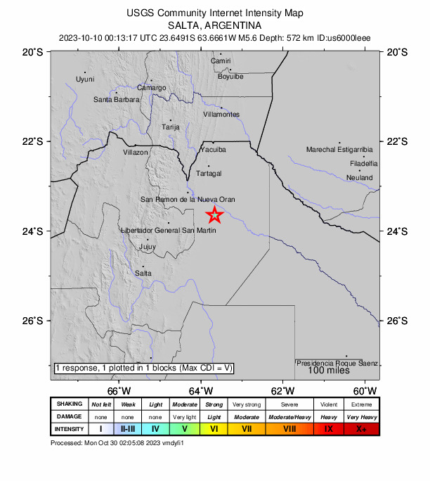 USGS DYFI community-reported intensity map for the M5.6 earthquake near 60 km SE of Embarcación, Argentina