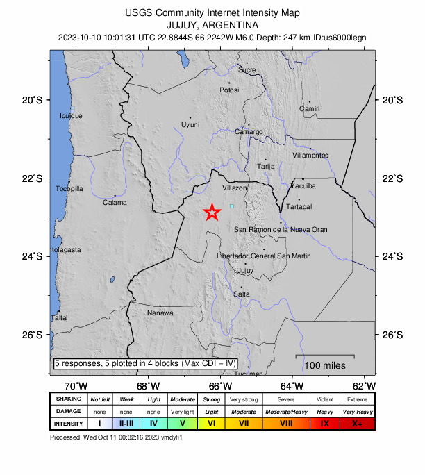 USGS DYFI community-reported intensity map for the M6.0 earthquake near 61 km WSW of Abra Pampa, Argentina