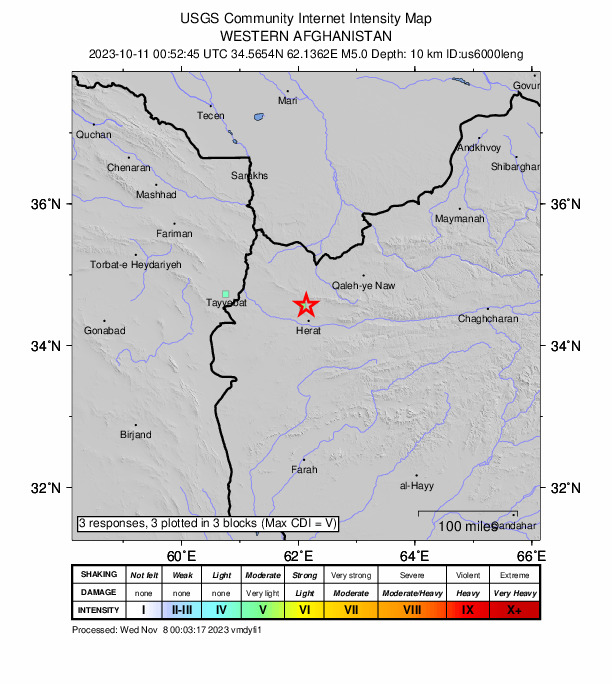 USGS DYFI community-reported intensity map for the M5.0 earthquake near 24 km NNW of Herāt, Afghanistan