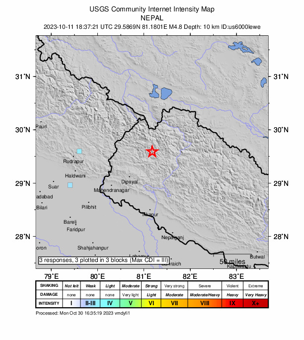 USGS DYFI community-reported intensity map for the M4.8 earthquake near 43 km NNE of Dipayal, Nepal